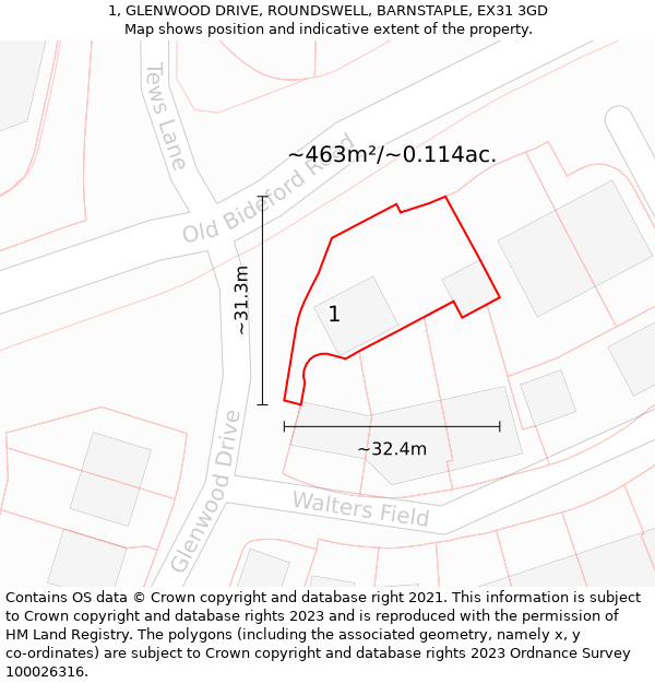 1, GLENWOOD DRIVE, ROUNDSWELL, BARNSTAPLE, EX31 3GD: Plot and title map