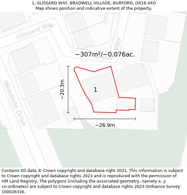 1, GLISSARD WAY, BRADWELL VILLAGE, BURFORD, OX18 4XD: Plot and title map