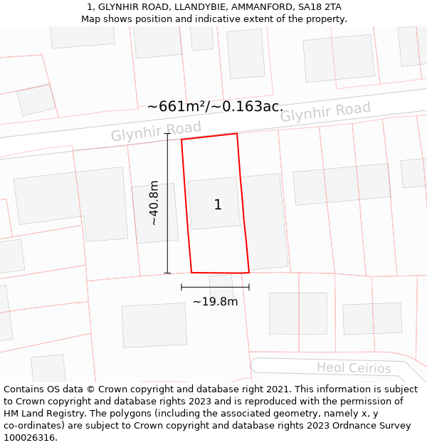 1, GLYNHIR ROAD, LLANDYBIE, AMMANFORD, SA18 2TA: Plot and title map