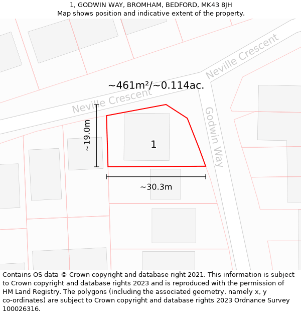 1, GODWIN WAY, BROMHAM, BEDFORD, MK43 8JH: Plot and title map