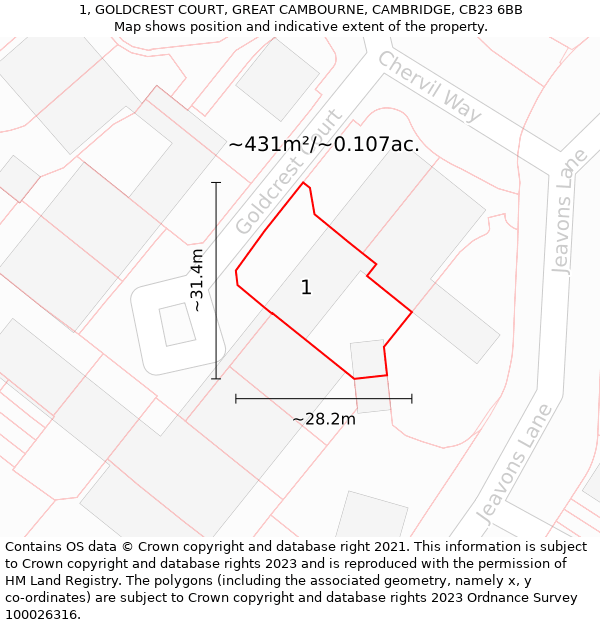 1, GOLDCREST COURT, GREAT CAMBOURNE, CAMBRIDGE, CB23 6BB: Plot and title map