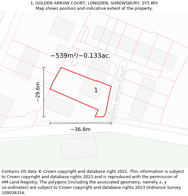 1, GOLDEN ARROW COURT, LONGDEN, SHREWSBURY, SY5 8FA: Plot and title map