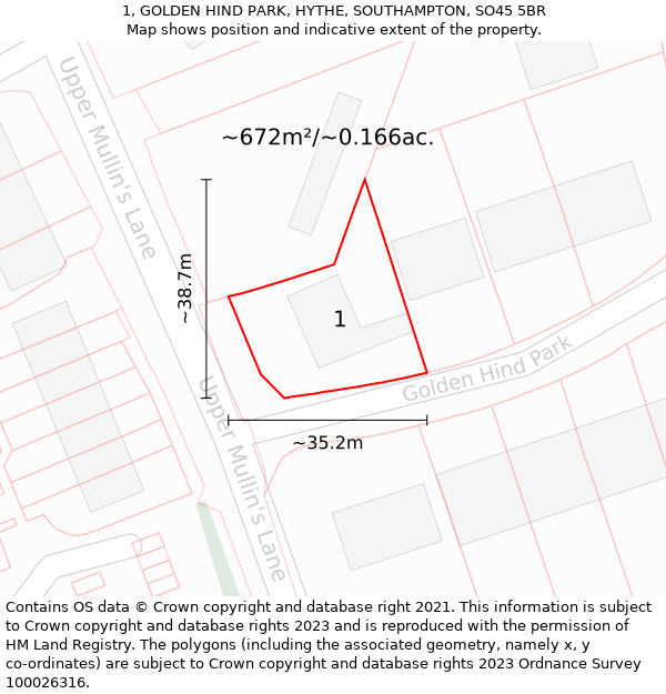 1, GOLDEN HIND PARK, HYTHE, SOUTHAMPTON, SO45 5BR: Plot and title map