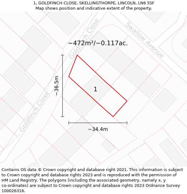 1, GOLDFINCH CLOSE, SKELLINGTHORPE, LINCOLN, LN6 5SF: Plot and title map