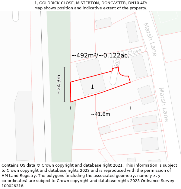 1, GOLDRICK CLOSE, MISTERTON, DONCASTER, DN10 4FA: Plot and title map