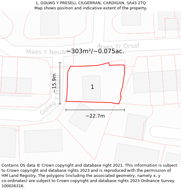 1, GOLWG Y PRESELI, CILGERRAN, CARDIGAN, SA43 2TQ: Plot and title map