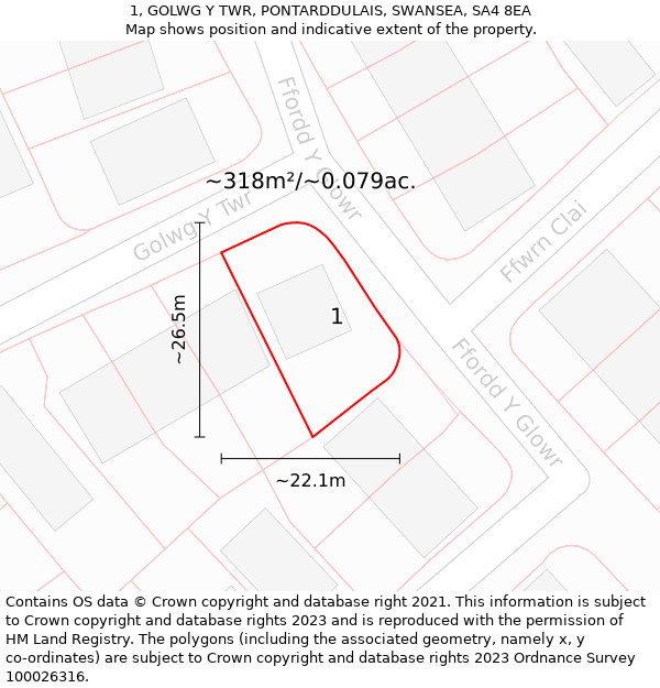 1, GOLWG Y TWR, PONTARDDULAIS, SWANSEA, SA4 8EA: Plot and title map