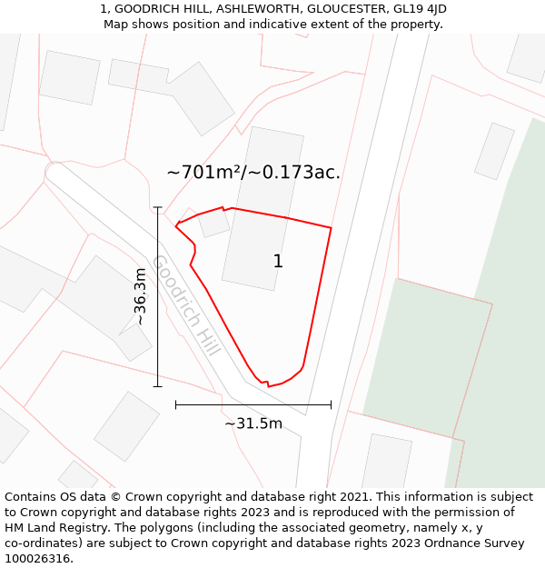 1, GOODRICH HILL, ASHLEWORTH, GLOUCESTER, GL19 4JD: Plot and title map