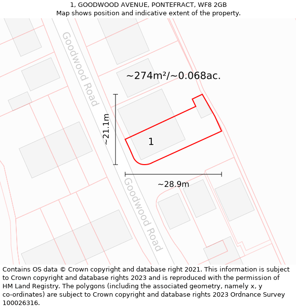 1, GOODWOOD AVENUE, PONTEFRACT, WF8 2GB: Plot and title map