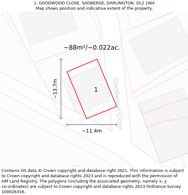 1, GOODWOOD CLOSE, SADBERGE, DARLINGTON, DL2 1WA: Plot and title map