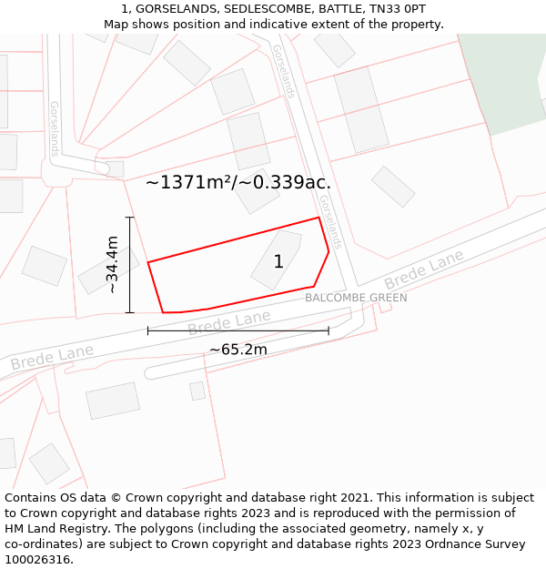 1, GORSELANDS, SEDLESCOMBE, BATTLE, TN33 0PT: Plot and title map