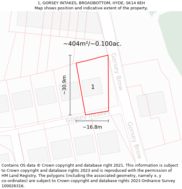 1, GORSEY INTAKES, BROADBOTTOM, HYDE, SK14 6EH: Plot and title map