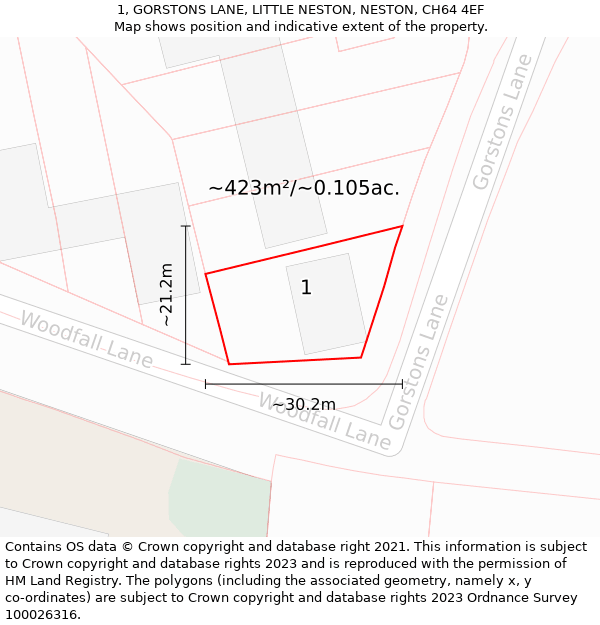 1, GORSTONS LANE, LITTLE NESTON, NESTON, CH64 4EF: Plot and title map