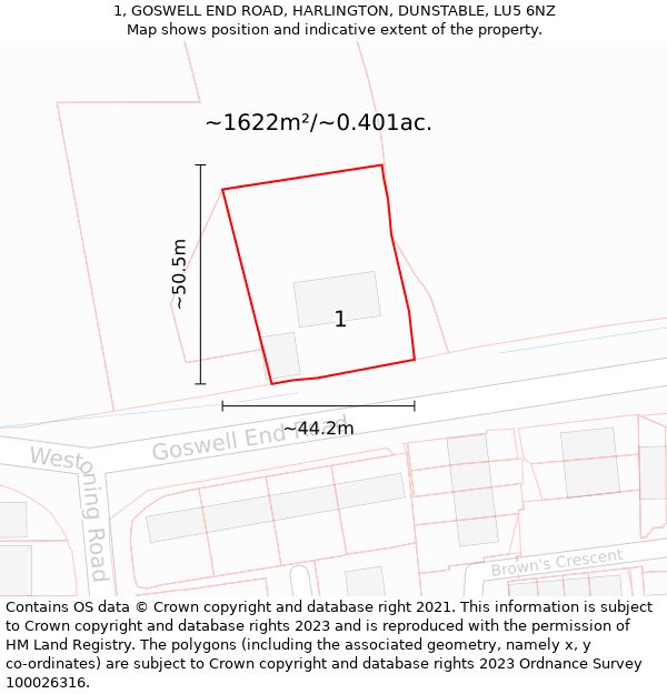 1, GOSWELL END ROAD, HARLINGTON, DUNSTABLE, LU5 6NZ: Plot and title map