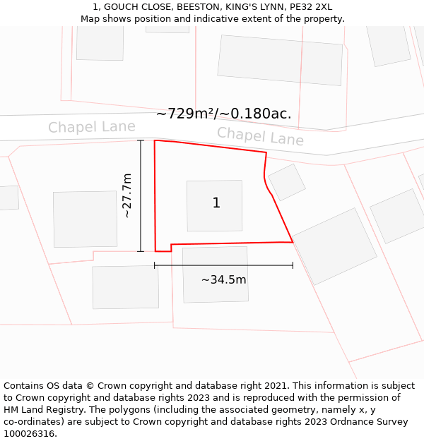 1, GOUCH CLOSE, BEESTON, KING'S LYNN, PE32 2XL: Plot and title map