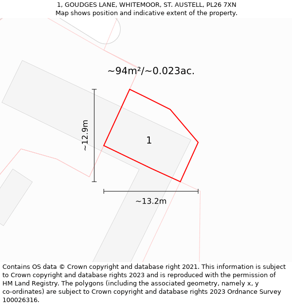 1, GOUDGES LANE, WHITEMOOR, ST. AUSTELL, PL26 7XN: Plot and title map