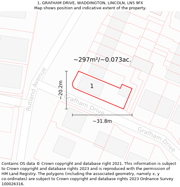 1, GRAFHAM DRIVE, WADDINGTON, LINCOLN, LN5 9FX: Plot and title map