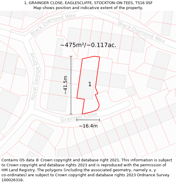 1, GRAINGER CLOSE, EAGLESCLIFFE, STOCKTON-ON-TEES, TS16 0SF: Plot and title map