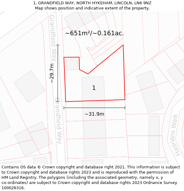 1, GRANDFIELD WAY, NORTH HYKEHAM, LINCOLN, LN6 9NZ: Plot and title map