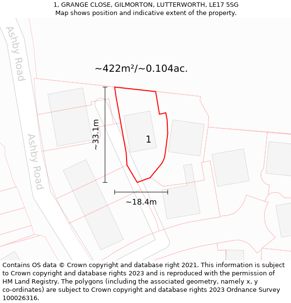 1, GRANGE CLOSE, GILMORTON, LUTTERWORTH, LE17 5SG: Plot and title map