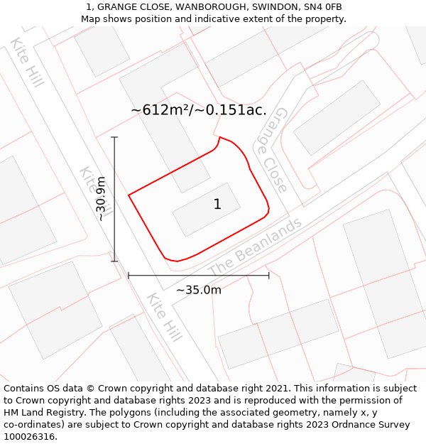 1, GRANGE CLOSE, WANBOROUGH, SWINDON, SN4 0FB: Plot and title map