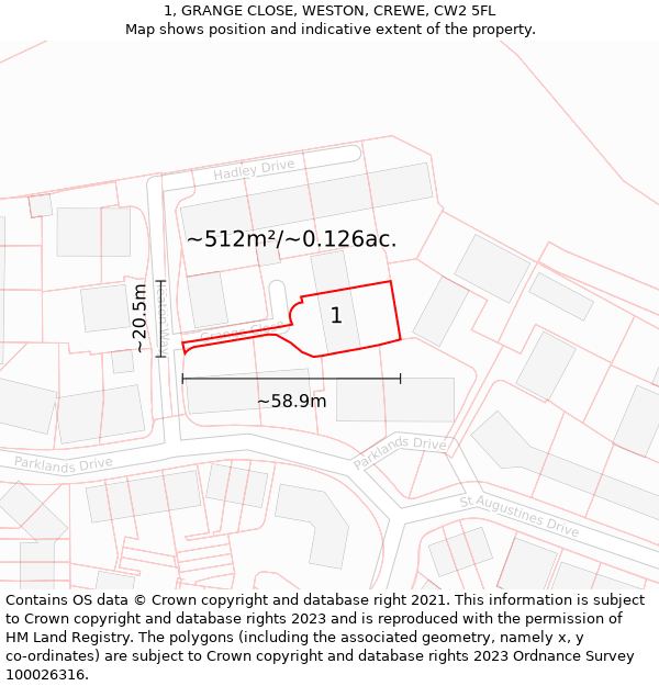 1, GRANGE CLOSE, WESTON, CREWE, CW2 5FL: Plot and title map