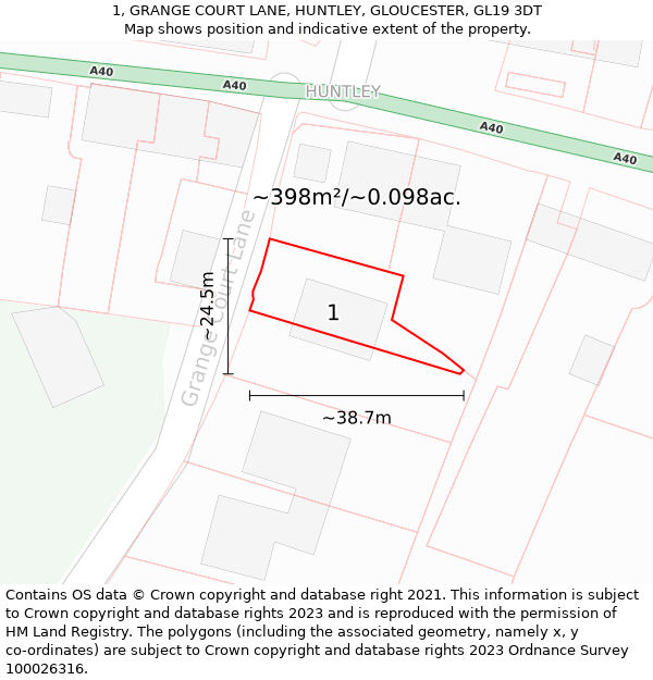 1, GRANGE COURT LANE, HUNTLEY, GLOUCESTER, GL19 3DT: Plot and title map