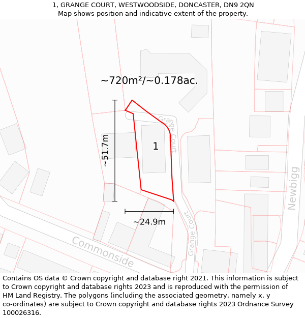 1, GRANGE COURT, WESTWOODSIDE, DONCASTER, DN9 2QN: Plot and title map