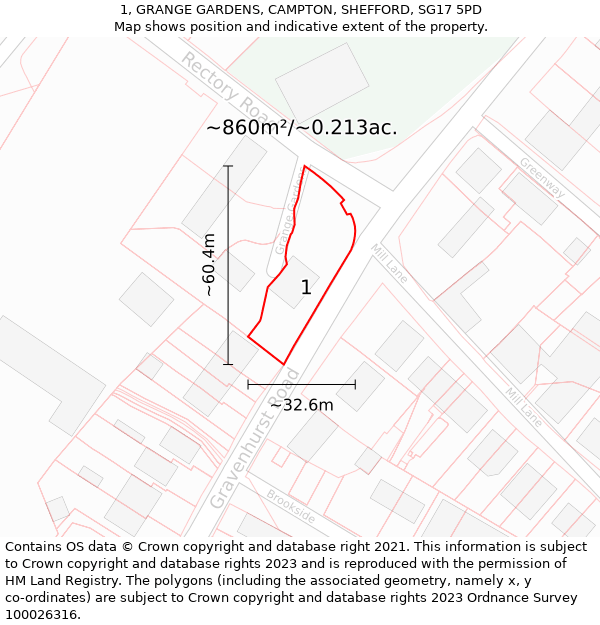 1, GRANGE GARDENS, CAMPTON, SHEFFORD, SG17 5PD: Plot and title map