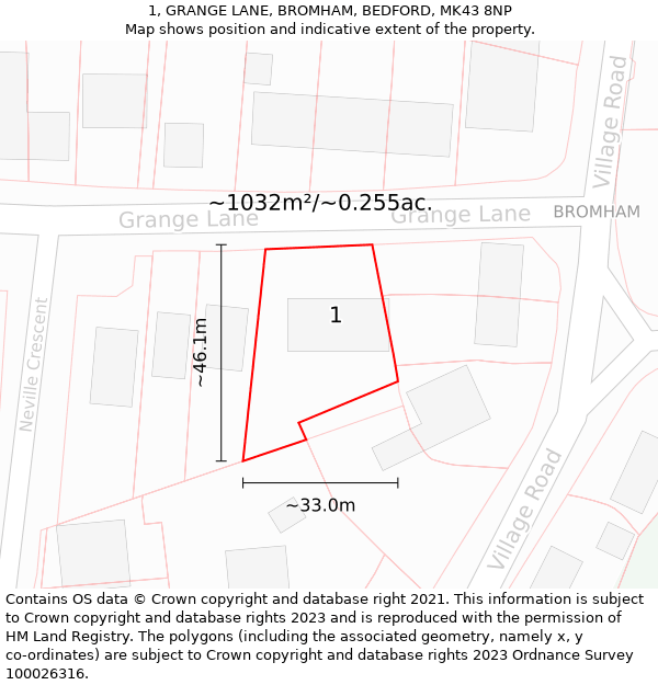 1, GRANGE LANE, BROMHAM, BEDFORD, MK43 8NP: Plot and title map