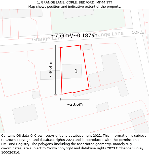 1, GRANGE LANE, COPLE, BEDFORD, MK44 3TT: Plot and title map