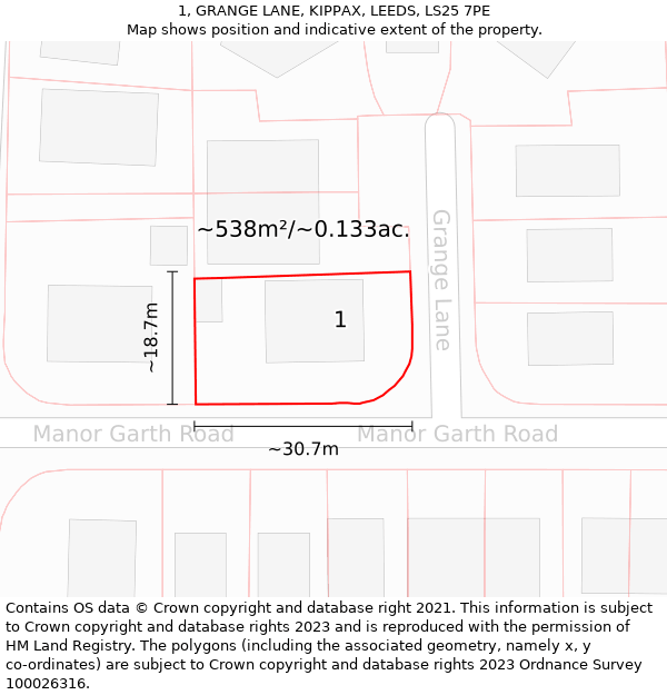 1, GRANGE LANE, KIPPAX, LEEDS, LS25 7PE: Plot and title map