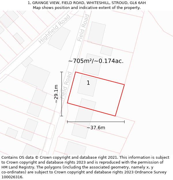 1, GRANGE VIEW, FIELD ROAD, WHITESHILL, STROUD, GL6 6AH: Plot and title map