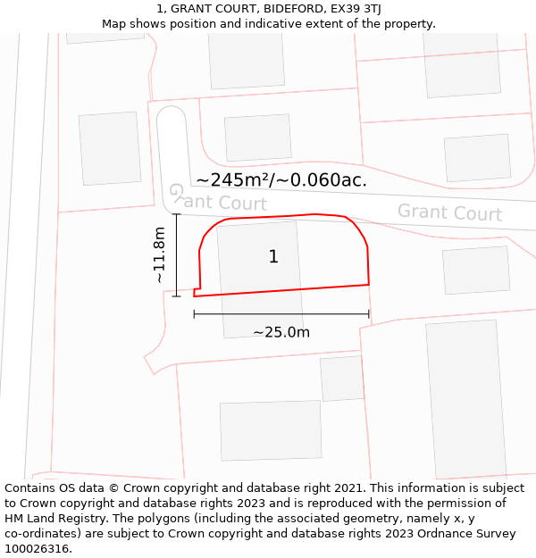 1, GRANT COURT, BIDEFORD, EX39 3TJ: Plot and title map