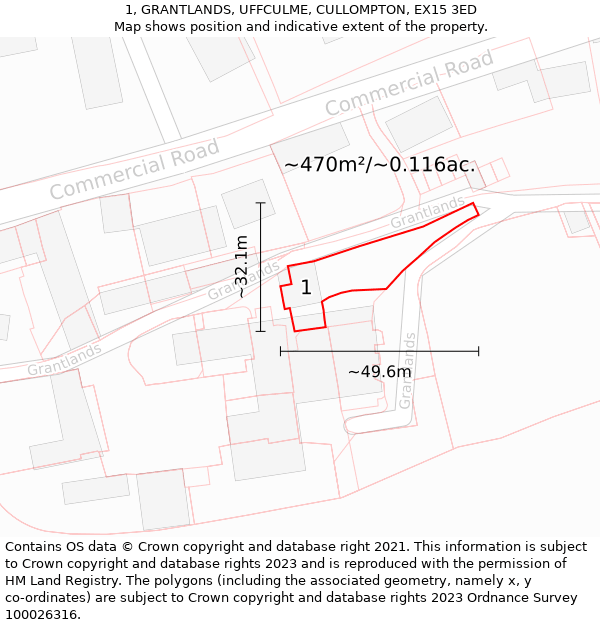 1, GRANTLANDS, UFFCULME, CULLOMPTON, EX15 3ED: Plot and title map