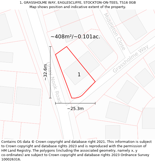 1, GRASSHOLME WAY, EAGLESCLIFFE, STOCKTON-ON-TEES, TS16 0GB: Plot and title map