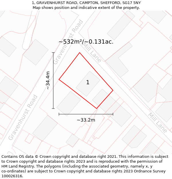 1, GRAVENHURST ROAD, CAMPTON, SHEFFORD, SG17 5NY: Plot and title map