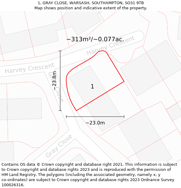 1, GRAY CLOSE, WARSASH, SOUTHAMPTON, SO31 9TB: Plot and title map