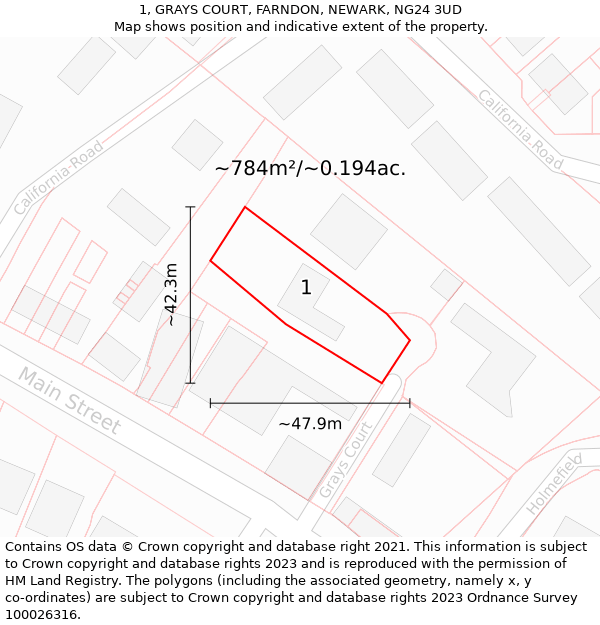1, GRAYS COURT, FARNDON, NEWARK, NG24 3UD: Plot and title map