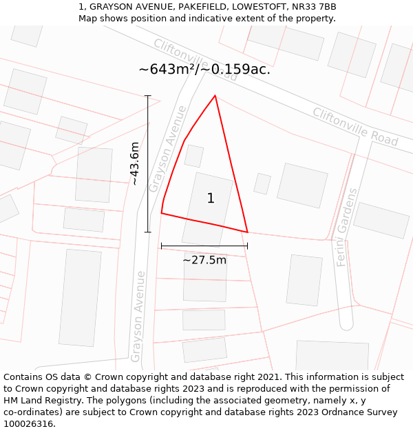 1, GRAYSON AVENUE, PAKEFIELD, LOWESTOFT, NR33 7BB: Plot and title map