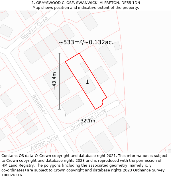 1, GRAYSWOOD CLOSE, SWANWICK, ALFRETON, DE55 1DN: Plot and title map