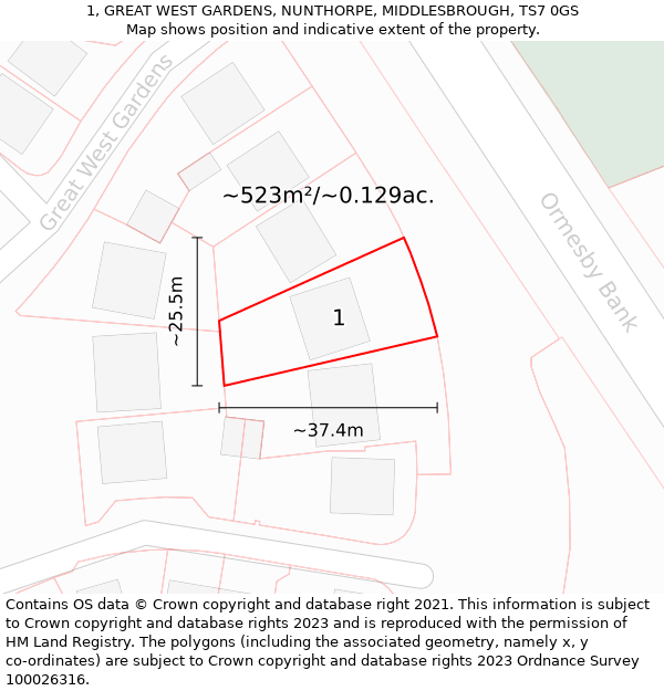 1, GREAT WEST GARDENS, NUNTHORPE, MIDDLESBROUGH, TS7 0GS: Plot and title map