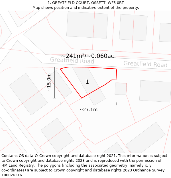 1, GREATFIELD COURT, OSSETT, WF5 0RT: Plot and title map