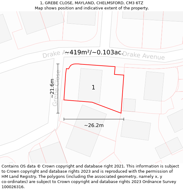 1, GREBE CLOSE, MAYLAND, CHELMSFORD, CM3 6TZ: Plot and title map