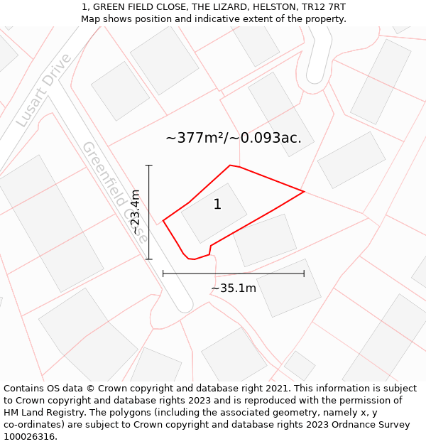 1, GREEN FIELD CLOSE, THE LIZARD, HELSTON, TR12 7RT: Plot and title map