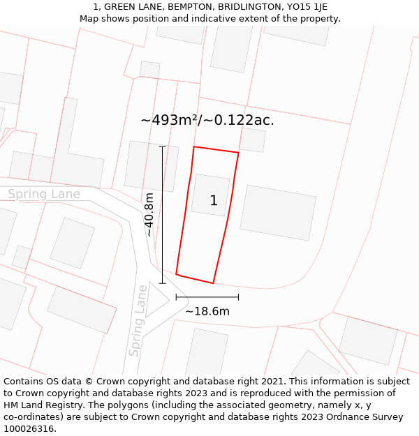 1, GREEN LANE, BEMPTON, BRIDLINGTON, YO15 1JE: Plot and title map