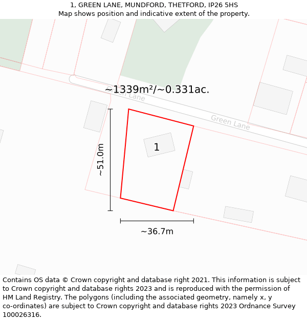 1, GREEN LANE, MUNDFORD, THETFORD, IP26 5HS: Plot and title map