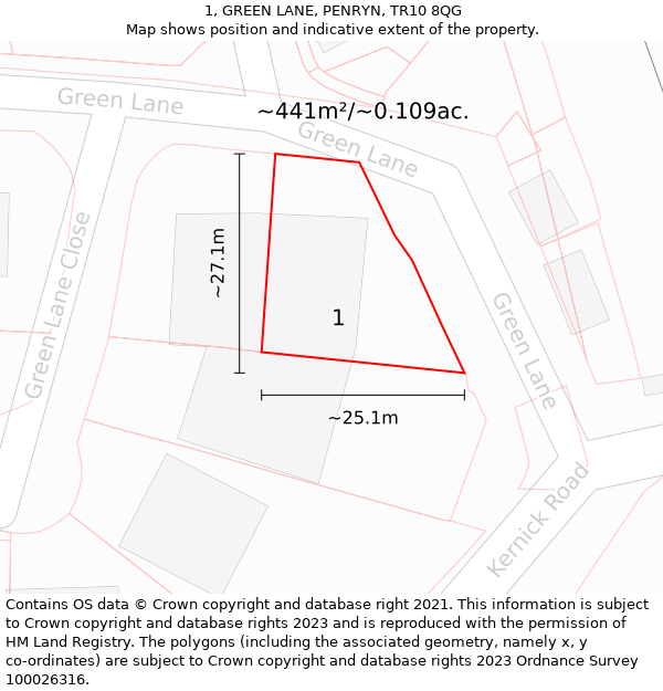 1, GREEN LANE, PENRYN, TR10 8QG: Plot and title map