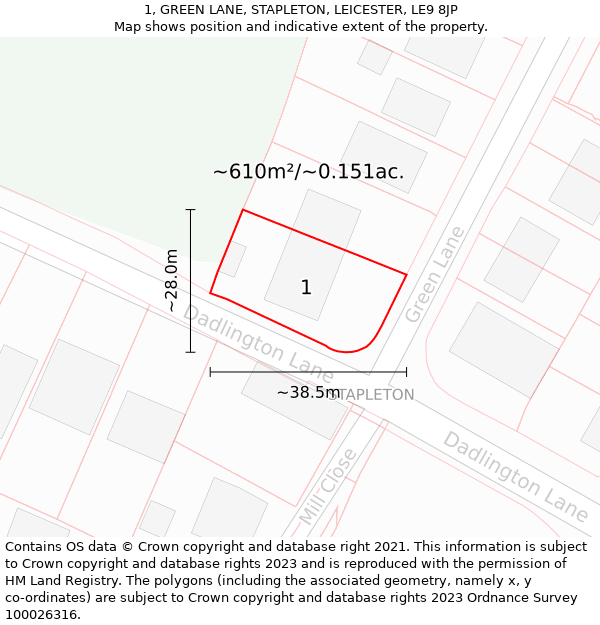 1, GREEN LANE, STAPLETON, LEICESTER, LE9 8JP: Plot and title map