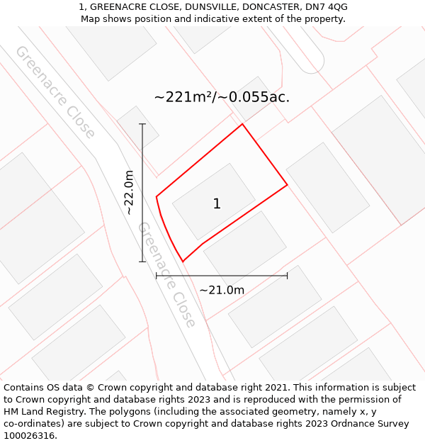 1, GREENACRE CLOSE, DUNSVILLE, DONCASTER, DN7 4QG: Plot and title map